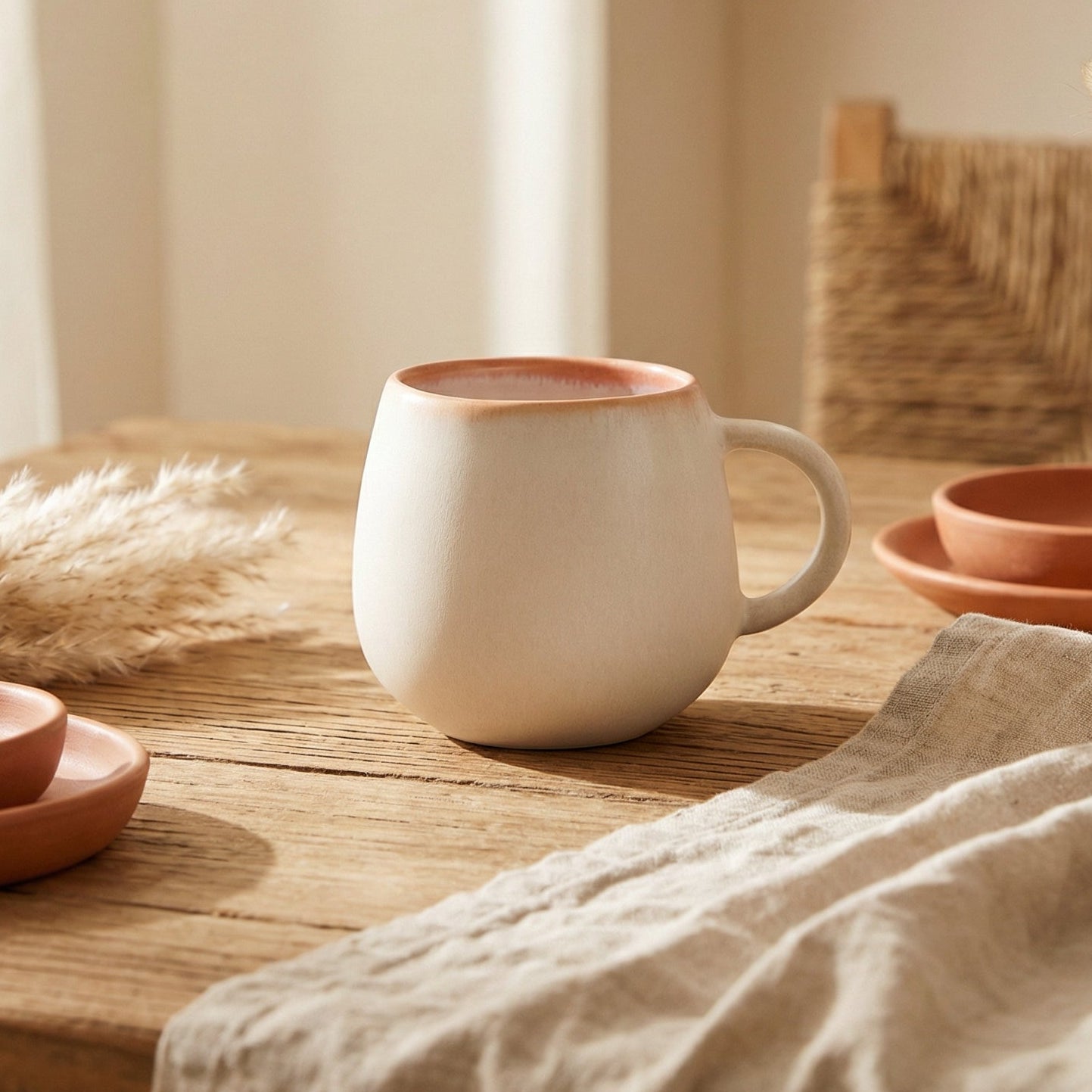 Gedeckter Tisch mit Keramik Tasse hergestellt in Portugal in weiß rosa